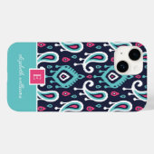 Coques Case-Mate iPhone Monogramme marine et rose Ikat Paisley (Verso (horizontal))