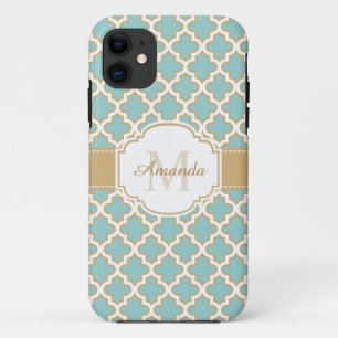 Coque iPhone 11 Monogramme marocain bleu turquoise de motif d'or