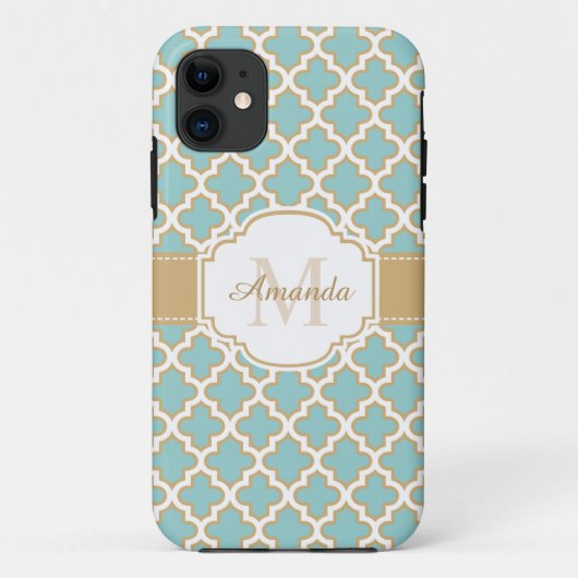 Coques Case-Mate iPhone Monogramme marocain bleu turquoise de motif d'or (Dos)