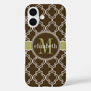 Coques iPhone 16 Monogramme marocain Brown Olive White Quatrefoil