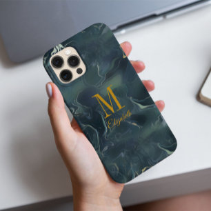 Coques iPhone 16 Pro Monogramme moderne Abstrait vert foncé Turquoise N