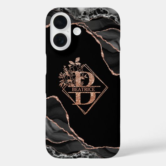 Coques Case-Mate iPhone Monogramme moderne B Noir Agate Marbre Rose Or (Verso)