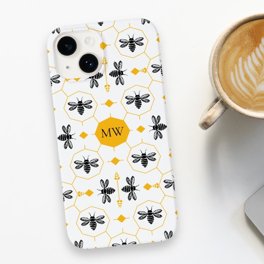 Coques Case-Mate iPhone Monogramme moderne Bee Motif jaune Honeycomb chic