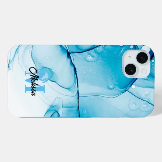 Coques Case-Mate iPhone monogramme moderne bleu marbré (Verso (horizontal))