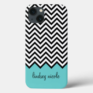 Coques Pour iPhone Monogramme moderne Chevron noir et turquoise