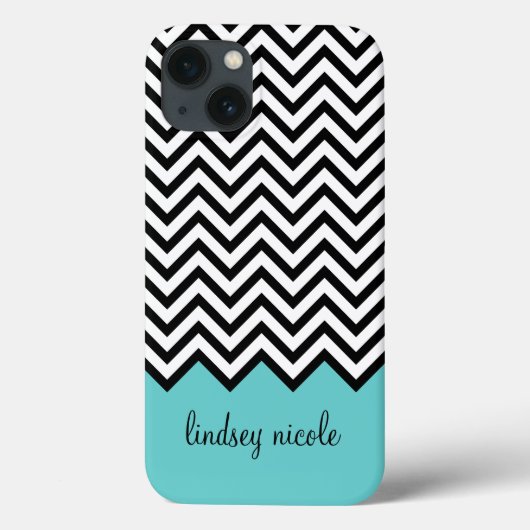 Coques Case-Mate iPhone Monogramme moderne Chevron noir et turquoise (Verso)
