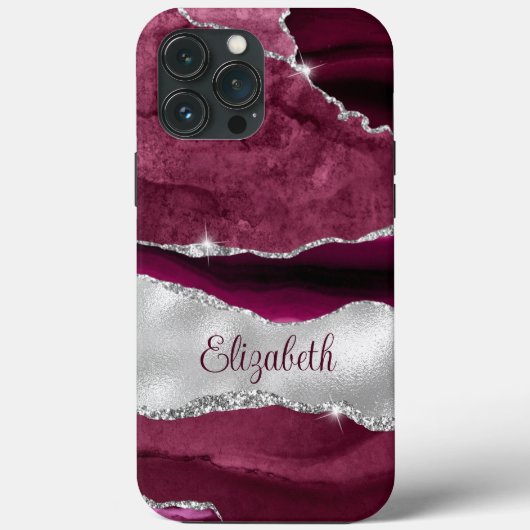 Coques Case-Mate iPhone Monogramme moderne d'âge bordeaux et argenté (Verso)