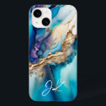 Coque Pour iPhone 14 Monogramme moderne en marbre bleu or personnalisé<br><div class="desc">Monogramme en marbre bleu moderne Les coques iphone personnalisés présentent votre monogramme personnalisé dans une élégante typographie de script de calligraphie sur un arrière - plan moderne en marbre bleu et or. Un cadeau parfait pour elle pour l'anniversaire, maman pour la fête des mères, soeur ou bestie pour Noël et...</div>