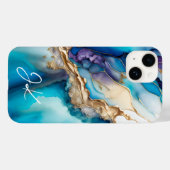 Coques Case-Mate iPhone Monogramme moderne en marbre bleu or personnalisé (Verso (horizontal))