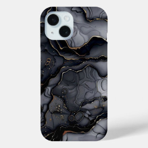 Coque Pour iPhone 15 Monogramme moderne en marbre gris noir personnalis