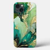 Coques Case-Mate iPhone Monogramme moderne en marbre vert or personnalisé (Verso)