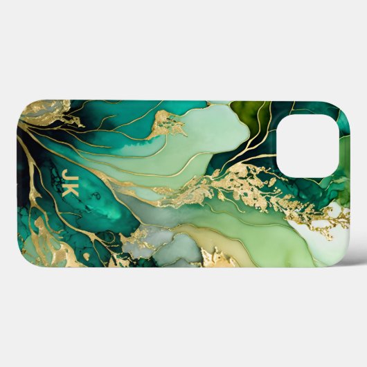 Coques Case-Mate iPhone Monogramme moderne en marbre vert or personnalisé (Verso (horizontal))