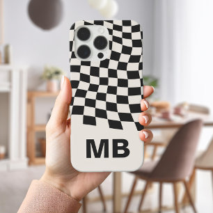 Coques iPhone 16 Pro Max Monogramme moderne en noir et blanc À damiers Moti