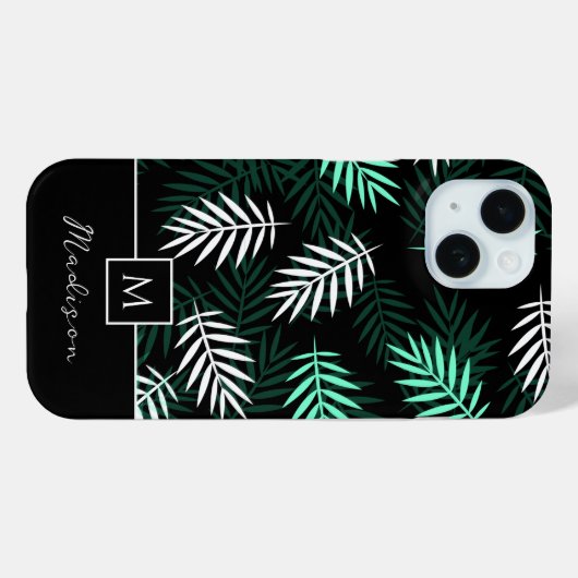 Coques Case-Mate iPhone Monogramme moderne Motif Feuille vert (Verso (horizontal))