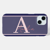 Coques Case-Mate iPhone Monogramme moderne Nom bleu rose (Verso (horizontal))
