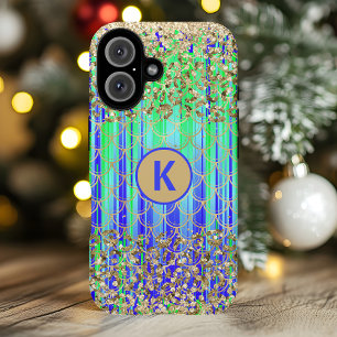 Coques iPhone 16 Monogramme Moderne Sirène Paillettes Vert Bleu