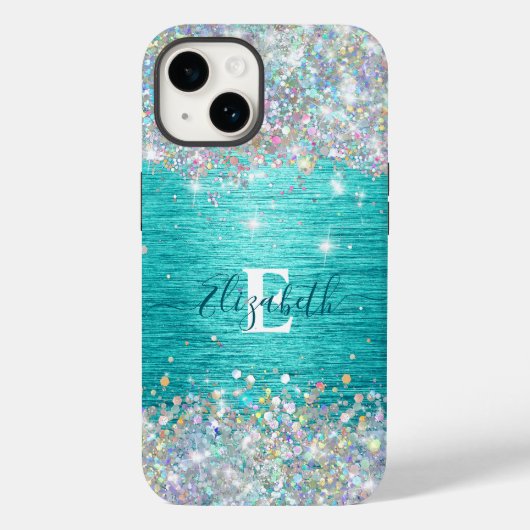 Coques Case-Mate iPhone Monogramme moderne Turquoise Holographique Faux Pa (Verso)