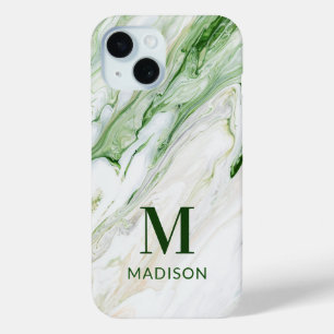 Coque Pour iPhone 15 Monogramme Moderne Vert Blanc Personnalisé Élégant
