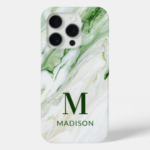 Coque iPhone 15 Pro Monogramme Moderne Vert Blanc Style Personnalisé