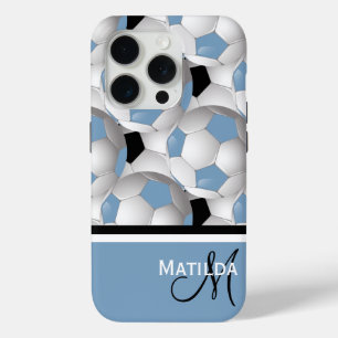 Coque iPhone 15 Pro Monogramme Motif de ballon de soccer noir bleu cla