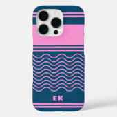 Coques Case-Mate iPhone Monogramme Motif de bandes ondulées bleu et rose (Verso)
