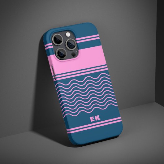 Coques Case-Mate iPhone Monogramme Motif de bandes ondulées bleu et rose