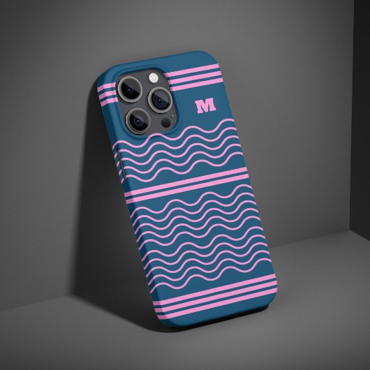 Coques Case-Mate iPhone Monogramme Motif de bandes ondulées bleu et rose
