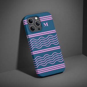 Coques iPhone 16 Pro Monogramme Motif de bandes ondulées bleu et rose