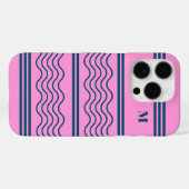 Coques Case-Mate iPhone Monogramme Motif de bandes ondulées bleu et rose (Verso (horizontal))