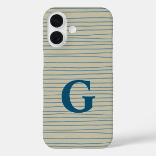 Coques iPhone 16 Monogramme Motif de lignes Abstraites bleu et blan