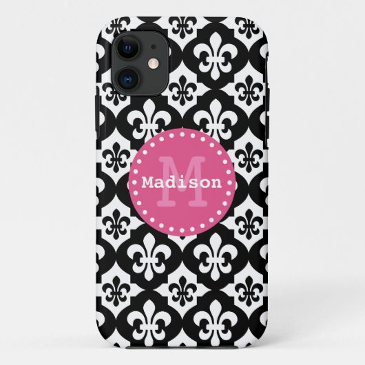 Coques Case-Mate iPhone Monogramme Motif noir blanc rose Fleur-De-Lis (Dos)