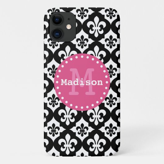 Coques Case-Mate iPhone Monogramme Motif noir blanc rose Fleur-De-Lis (Dos)