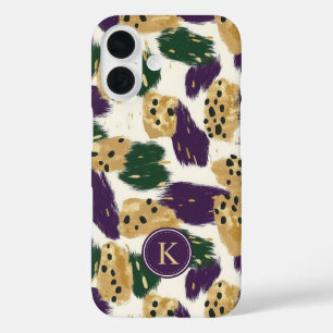 Coques iPhone 16 Monogramme Motif vert violet or brosses