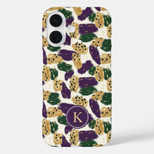 Coques iPhone 16 Monogramme Motif vert violet or brosses