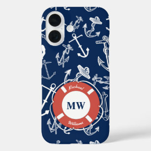 Coques iPhone 16 Monogramme nautique Ancre bleu marine Motif