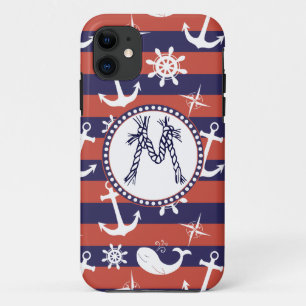 Coque iPhone 11 Monogramme nautique de rayures de bleu marine et