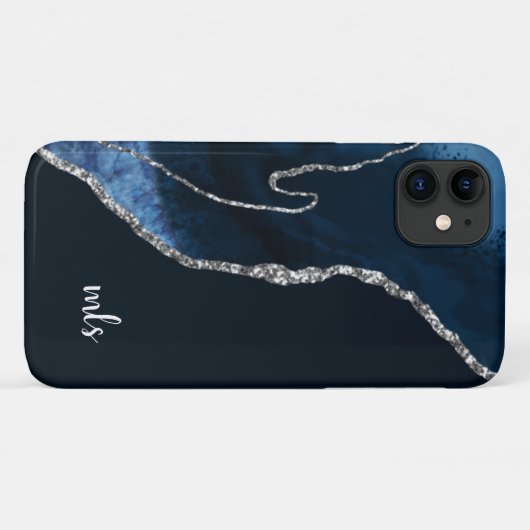 Coques Case-Mate iPhone Monogramme Navy Blue Silver Parties scintillant Ch (Dos (Horizontal))