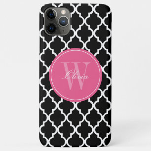 Coques Pour iPhone Monogramme noir et fuchsia de Quatrefoil