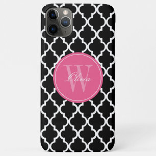 Coques Pour iPhone Monogramme noir et fuchsia de Quatrefoil