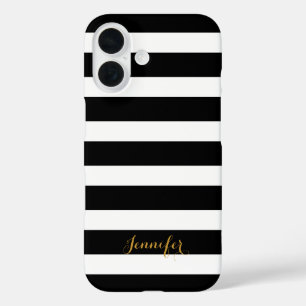 Coques iPhone 16 Monogramme noir et or classique rayures