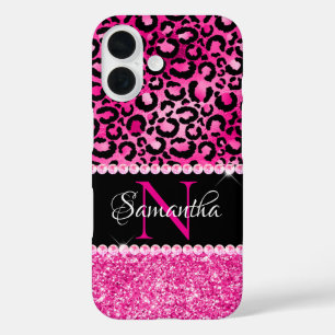 Coques iPhone 16 Monogramme noir et rose-chaud de limon léopard