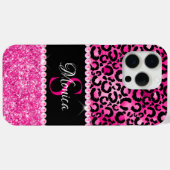 Coques Case-Mate iPhone Monogramme noir et rose-chaud de limon léopard (Verso (horizontal))
