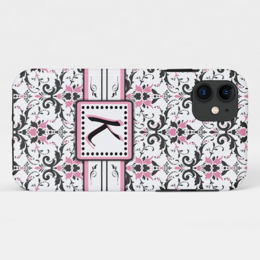 Coques Case-Mate iPhone Monogramme noir et rose de damassé (Dos (Horizontal))