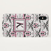 Coques Case-Mate iPhone Monogramme noir et rose de damassé (Dos (Horizontal))