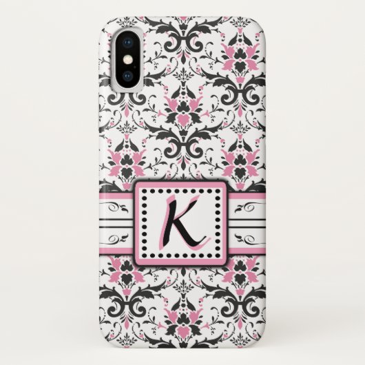 Coques Case-Mate iPhone Monogramme noir et rose de damassé (Dos)