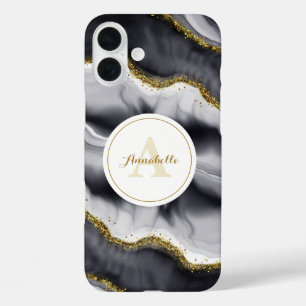 Coques iPhone 16 Plus Monogramme noir Parties scintillant or