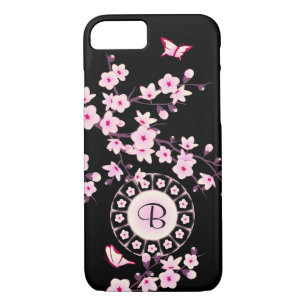 Coque iPhone 8/7 Monogramme noir rose Fleur de cerisier