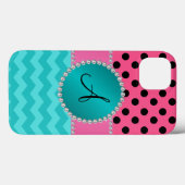 Coques Case-Mate iPhone Monogramme noir rose pois chevrons turquoise (Verso (horizontal))