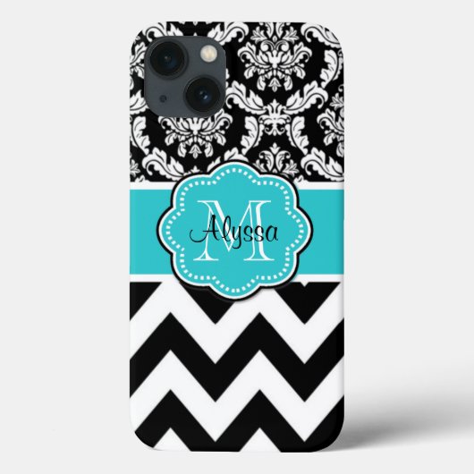 Coques Case-Mate iPhone Monogramme noir turquoise de Chevron de damassé (Verso)
