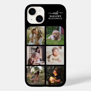 Coque Pour iPhone 14 Monogramme Nom Black White 6 Photo Collage
